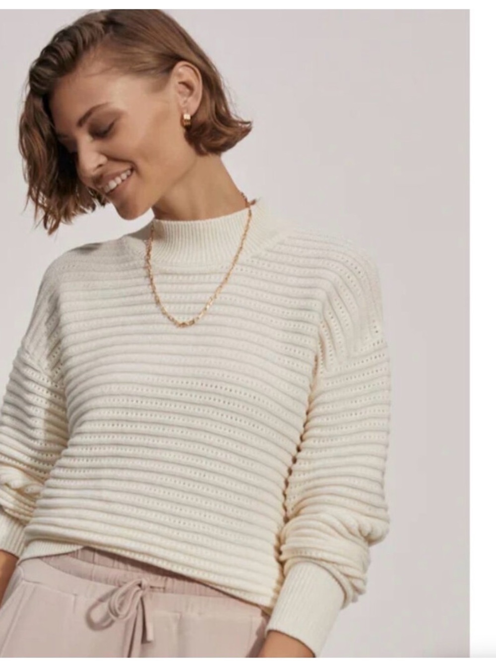 Varley Franco Knit Crew Sweater Long Sleeve Medium Cream Ivory White